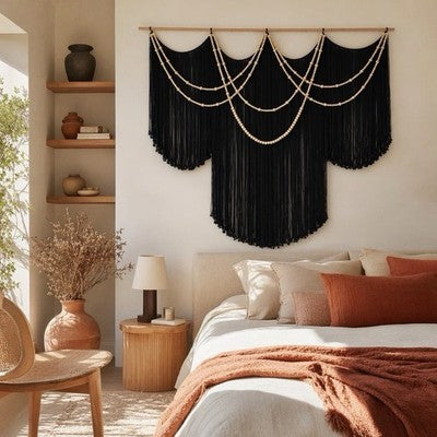 NEW Anthropologie XL Black Boho Beaded Tapestry Macrame Wall Hanging 57" x 43"