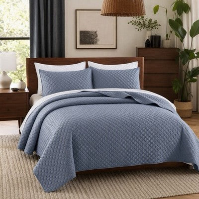 NEW West Elm Dusty Blue Ultra Soft Quilted Queen / King Bedding Quilt & Sham Set
