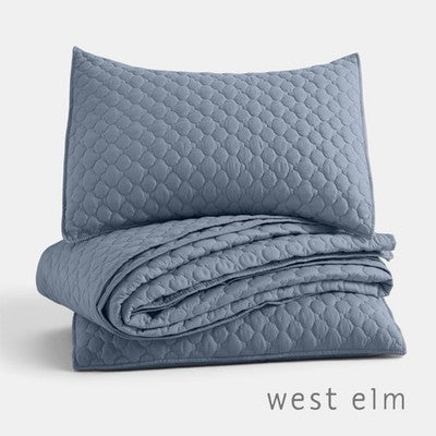 NEW West Elm Dusty Blue Ultra Soft Quilted Queen / King Bedding Quilt & Sham Set