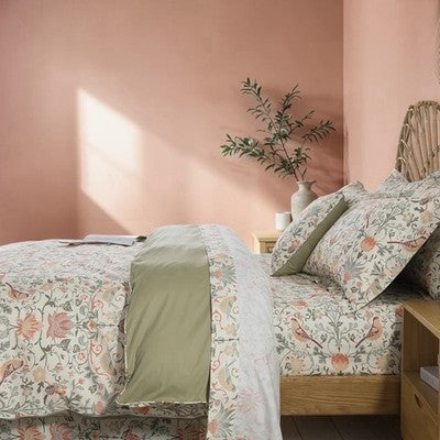 NEW Anthropologie Green & Coral Floral Bird 100% Cotton Duvet Bedding & Sham Set