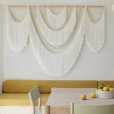 NEW Anthropologie XL Beige Woven Boho Beaded Tapestry Macrame Wall Hanging 57x40
