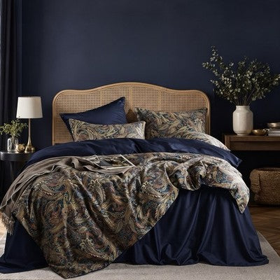NEW Anthro Navy Blue Paisley Gold Boho Queen / King Size Bedding Duvet Sham Case