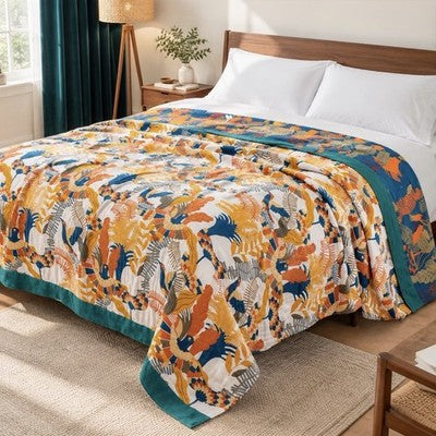 NEW Anthropologie XL Boho Bird Teal Queen / King Size Blanket Bedspread Quilt