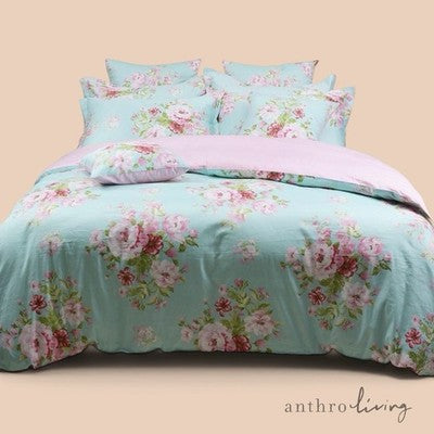 NEW Anthropologie Teal Blue Vintage Floral 100% Cotton Duvet Bedding & Sham Set