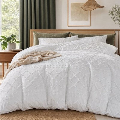 NEW Anthropologie White Queen / King Embroidered Tassel Bedspread Duvet Sham Set