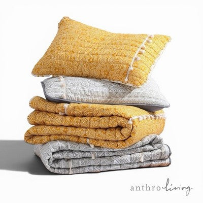 NEW Anthro Yellow Boho Reversible Tassel Queen / King Bedding Quilt & Sham Set