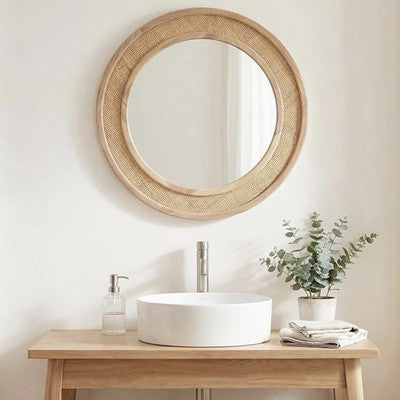 NEW West Elm Large Round Mirror Wicker Rattan Boho Wall Hanging Decor - 30” Diam