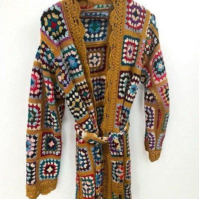 Vintage Italian Macrame Women's Crochet Rainbow Quilt Duster Sweater Coat Large