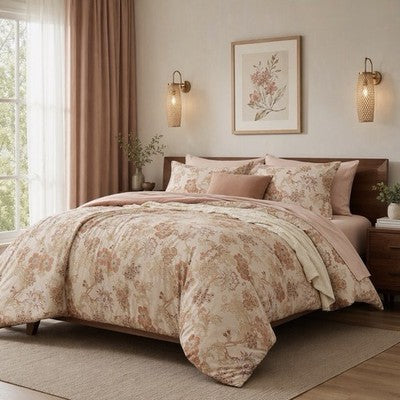 NEW Anthro 7 Piece Blush Floral Boho Queen / King Bedding Comforter & Sham Set