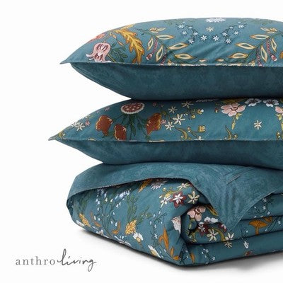 NEW Anthropologie Teal Multicolor Floral 100% Cotton Duvet Bedding & Sham Set