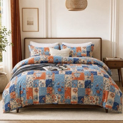 NEW Anthropologie Blue & Orange Boho Floral Patchwork Duvet Bedding & Sham Set