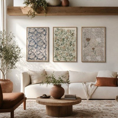 NEW Anthro XL Set of 3 Framed Vintage Floral Print Canvas Boho Wall Art 24"x16"