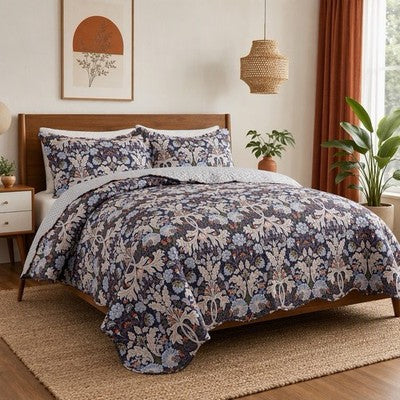 NEW Anthropologie Purple Floral Queen / King Quilt Bedspread Bedding & Sham Set