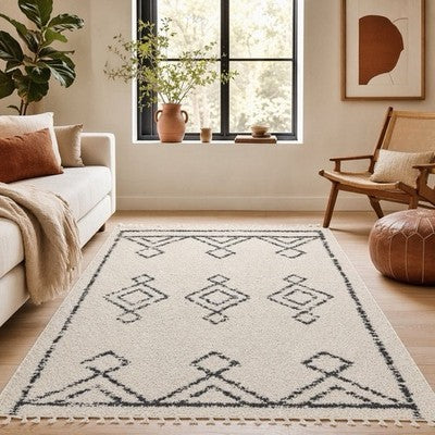 NEW West Elm White Black Boho Tassel Geometric Shag Area Rug Carpet - 8' x 5'