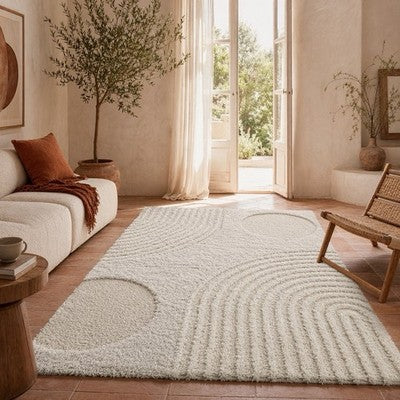 NEW West Elm White Cream Boho Tassel Geometric Shag Area Rug Carpet - 4' x 6'