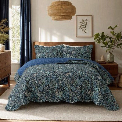 NEW Anthropologie Blue Floral Stitch Queen King Quilt Bedspread Bedding Sham Set