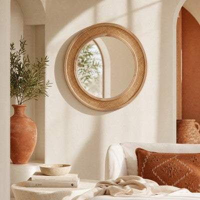 NEW West Elm Large Round Mirror Wicker Rattan Boho Wall Hanging Decor - 30” Diam