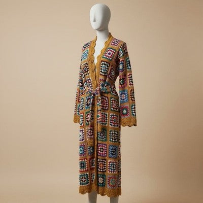 Vintage Italian Macrame Women's Crochet Rainbow Quilt Duster Sweater Coat Large