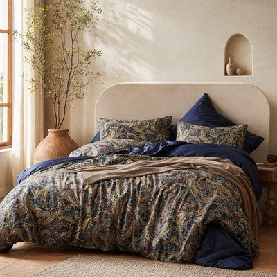 NEW Anthro Navy Blue Paisley Gold Boho Queen / King Size Bedding Duvet Sham Case