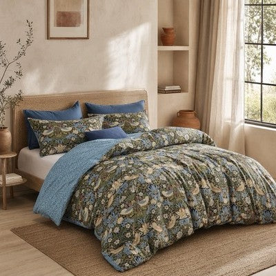 NEW Anthro Blue Green Bird Print Boho Queen / King Size Bedding Duvet Sham Case