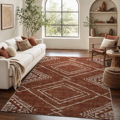 NEW West Elm Red Orange Boho Aztec Geometric Moroccan Area Rug Carpet - 4' x 6'