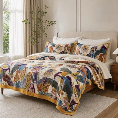 NEW Anthropologie Colorful Floral Cotton Bedspread Blanket & Sham Bedding Set
