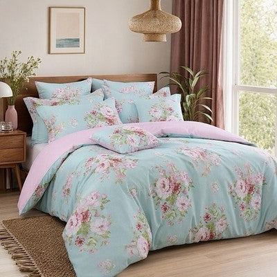 NEW Anthropologie Teal Blue Vintage Floral 100% Cotton Duvet Bedding & Sham Set