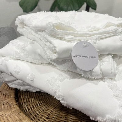 NEW Anthropologie White Queen / King Embroidered Tassel Bedspread Duvet Sham Set