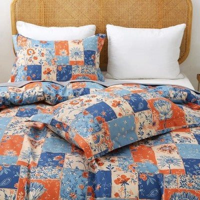 NEW Anthropologie Blue & Orange Boho Floral Patchwork Duvet Bedding & Sham Set