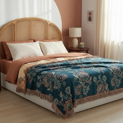 NEW Anthropologie Boho Floral Orange Teal Queen / King Blanket Bedspread