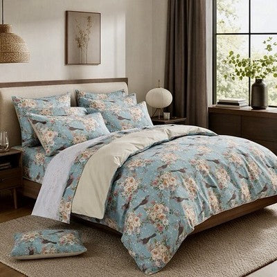 NEW Anthropologie Blue Floral Botanical Bird 100% Cotton Duvet Bedding Sham Set