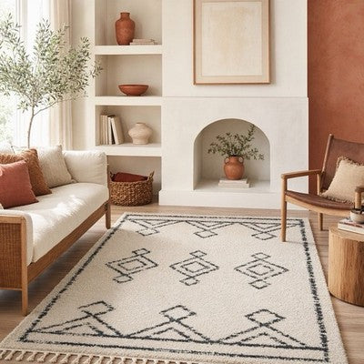 NEW West Elm White Black Boho Tassel Geometric Shag Area Rug Carpet - 8' x 5'