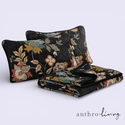 NEW Anthro Black Floral Print Multicolor Boho Queen King Bedding Quilt Sham Set