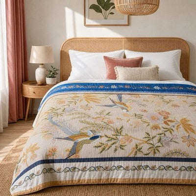 NEW Anthropologie Reversible Boho Bird Multicolor Queen / King Bedspread Blanket Quilt