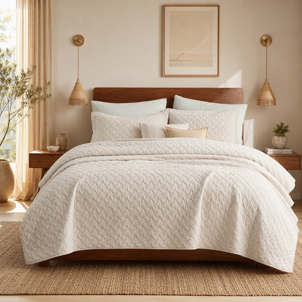 NEW Anthropologie Beige Boho Chevron Quilted Bedding Quilt & Sham Set - Queen / King