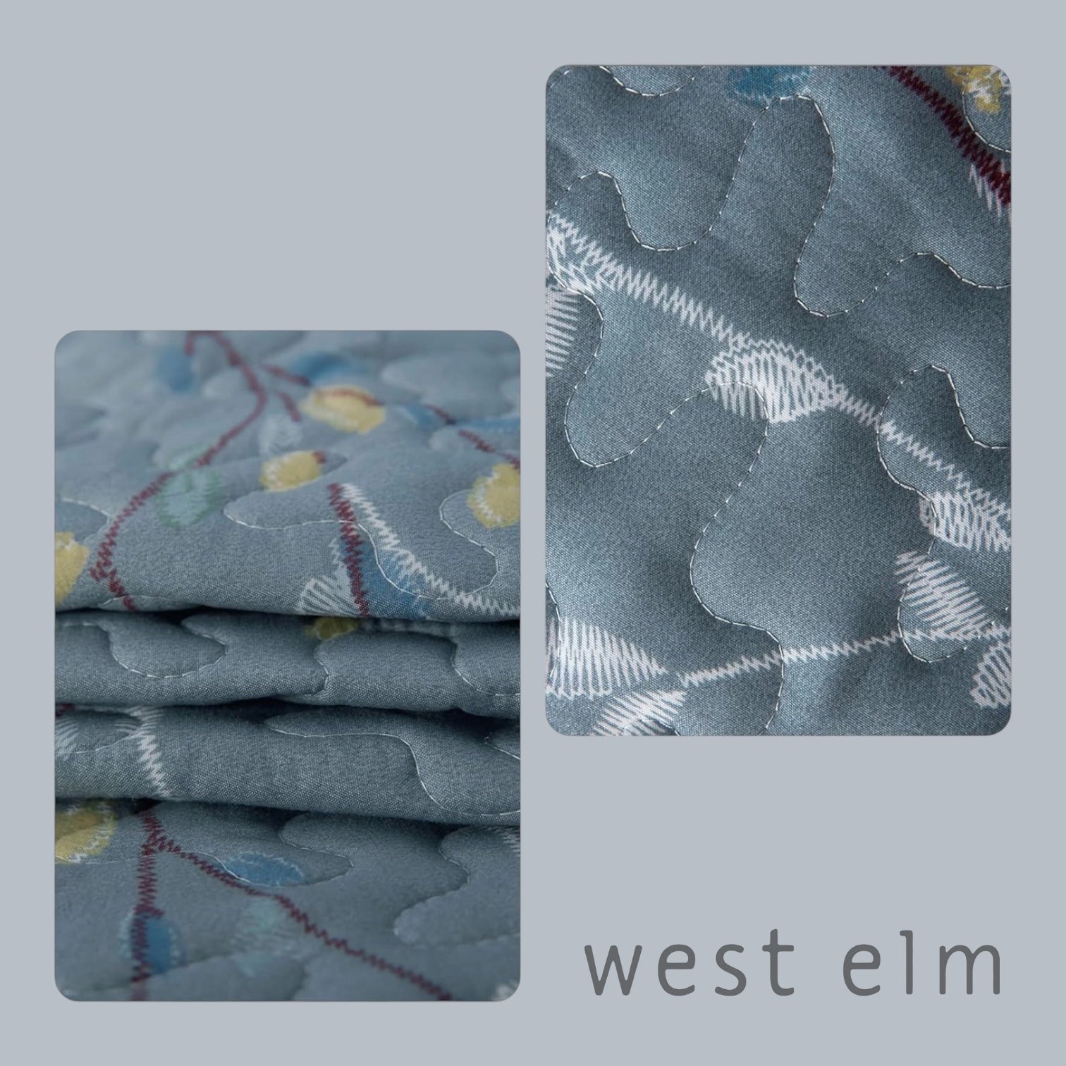 NEW West Elm Blue King Size Floral Embroidered Bedspread Quilt Pillow Case Set