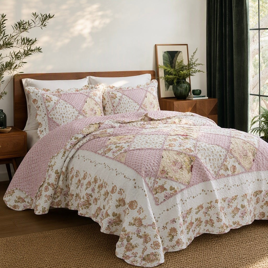 NEW Anthropologie Pink Vintage Floral Patchwork Quilt Coverlet Bedding Sham Set