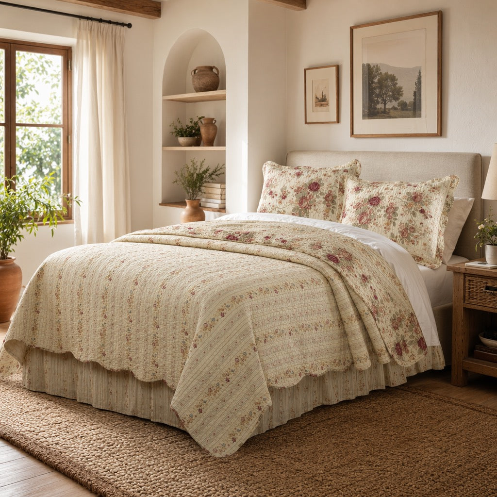 NEW Anthropologie White Red Floral Cream Queen / King Quilt Bedspread Bedding Sham Set