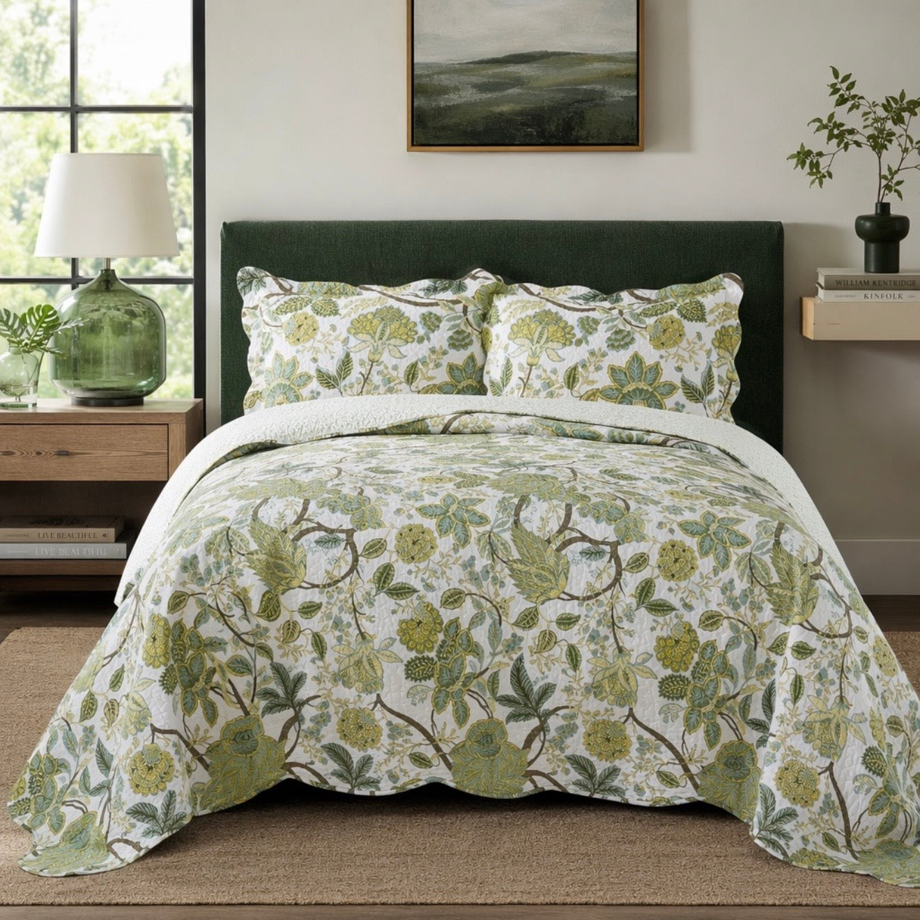 NEW Anthropologie Green Floral Cotton Quilt Bedding Bedspread Duvet Sham & Set