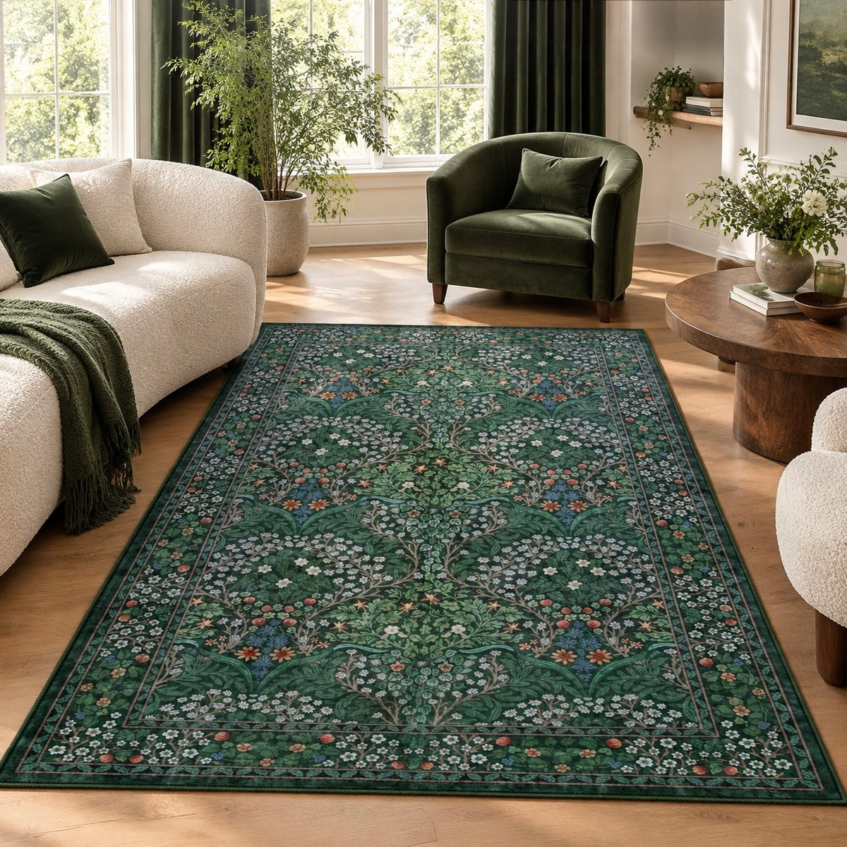 NEW Anthropologie Green Floral Boho Washable Multicolor Area Rug Carpet 5' x 7'