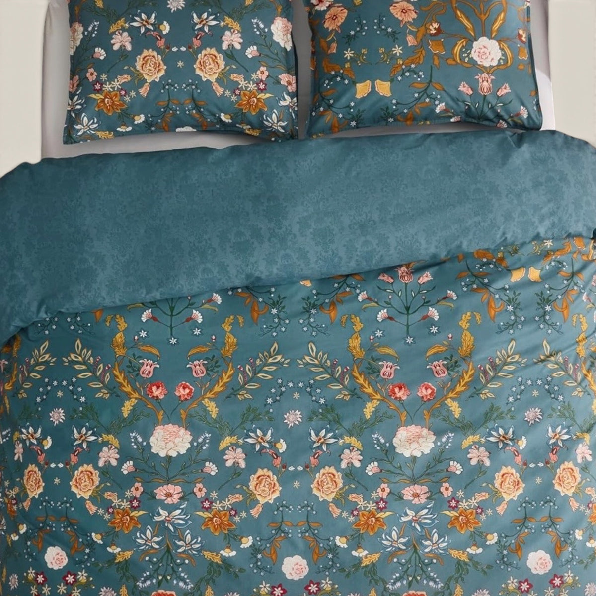 NEW Anthropologie Teal Multicolor Floral 100% Cotton Duvet Bedding & Sham Set