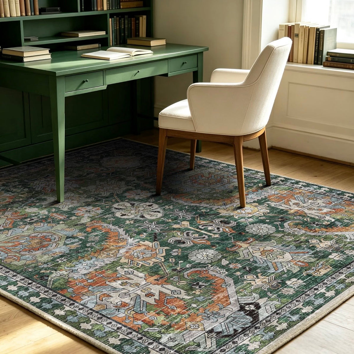 NEW Anthropologie Green Vintage Floral Boho Washable Area Rug Carpet - 5' x 7'
