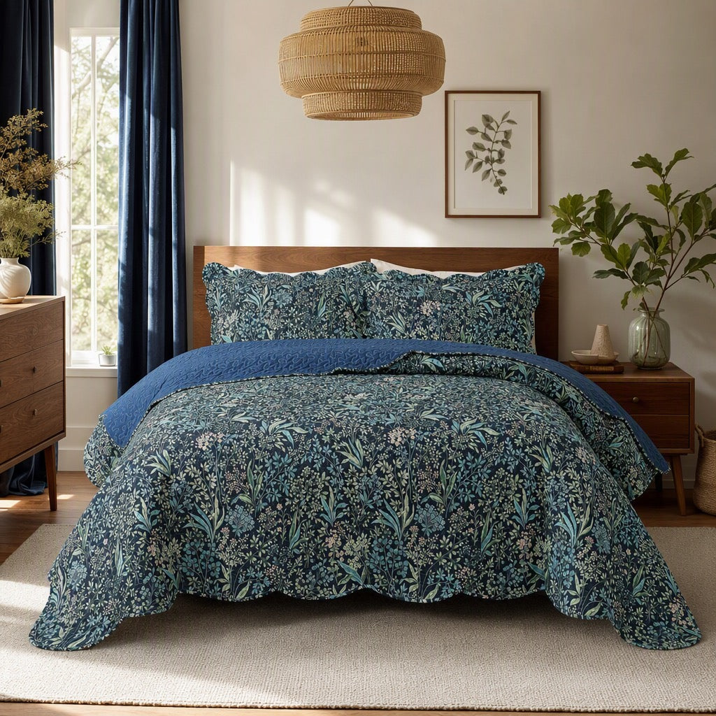 NEW Anthropologie Blue Floral Stitch Queen King Quilt Bedspread Bedding Sham Set