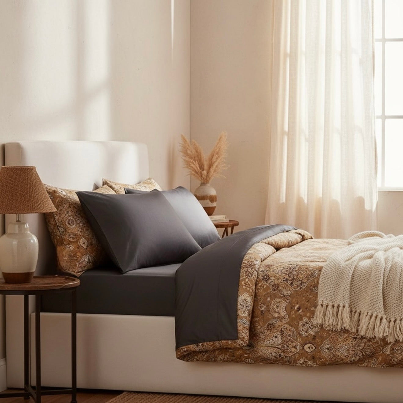 NEW West Elm Beige Floral Orange Paisley Queen / King Bedding Duvet & Sham Set