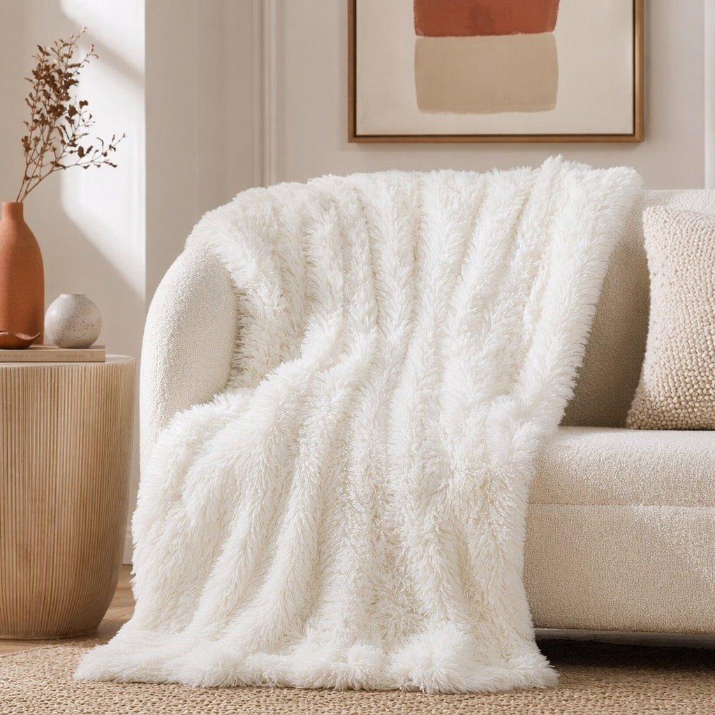 NEW West Elm Boho Beige Faux Fur Fuzzy Plush Throw Blanket Bedding - 50" x 60"