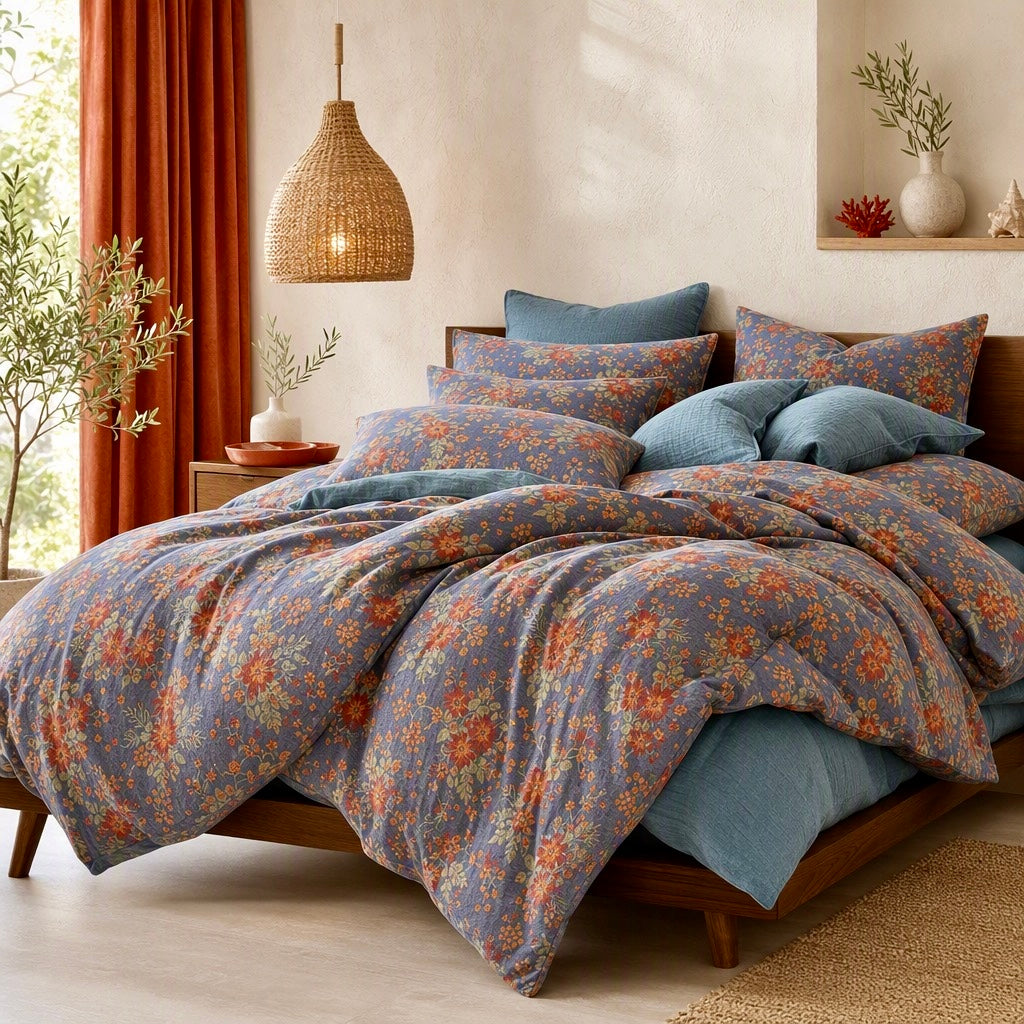 NEW Anthropologie Purple Orange Floral Cotton Multi-Size Bedding Duvet Sham Set