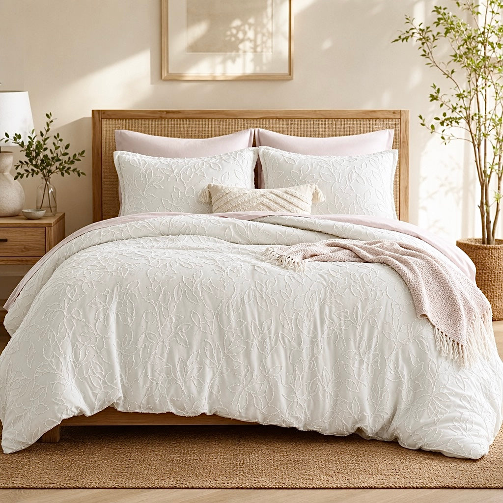 NEW Anthropologie Ivory Beige Tufted Floral Boho Comforter Bedding & Sham Set