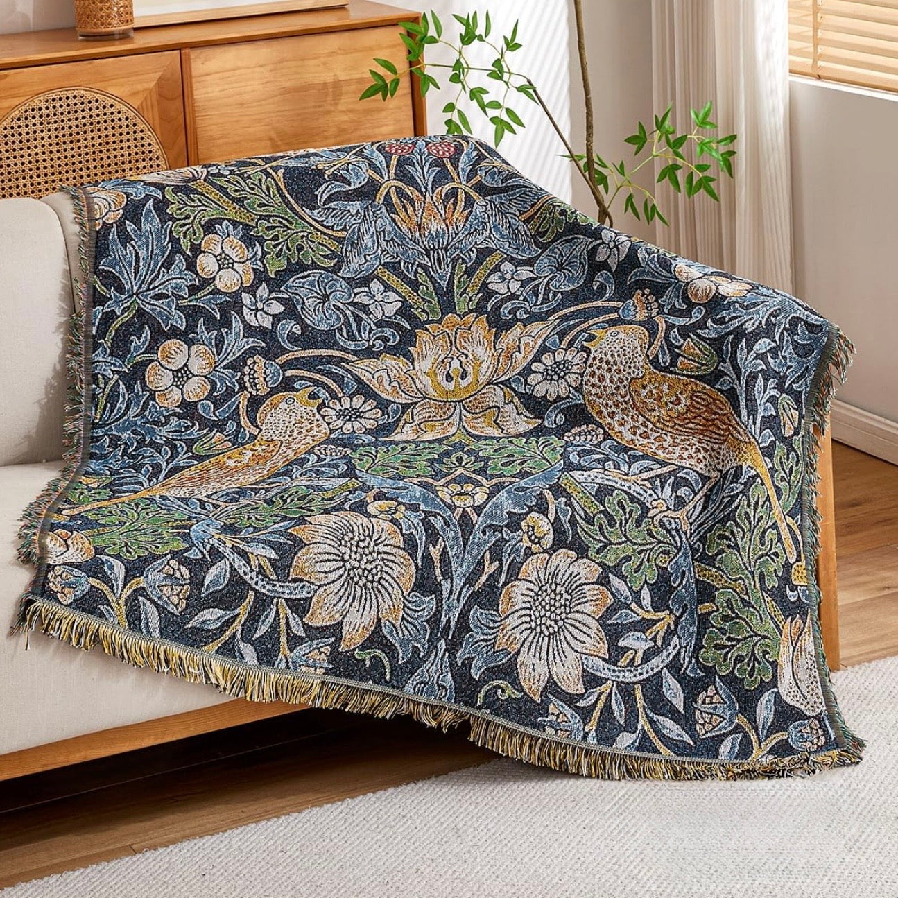 NEW Anthropologie Boho Bird Blue Tassel Throw Blanket Bedspread Quilt - 50 x 70