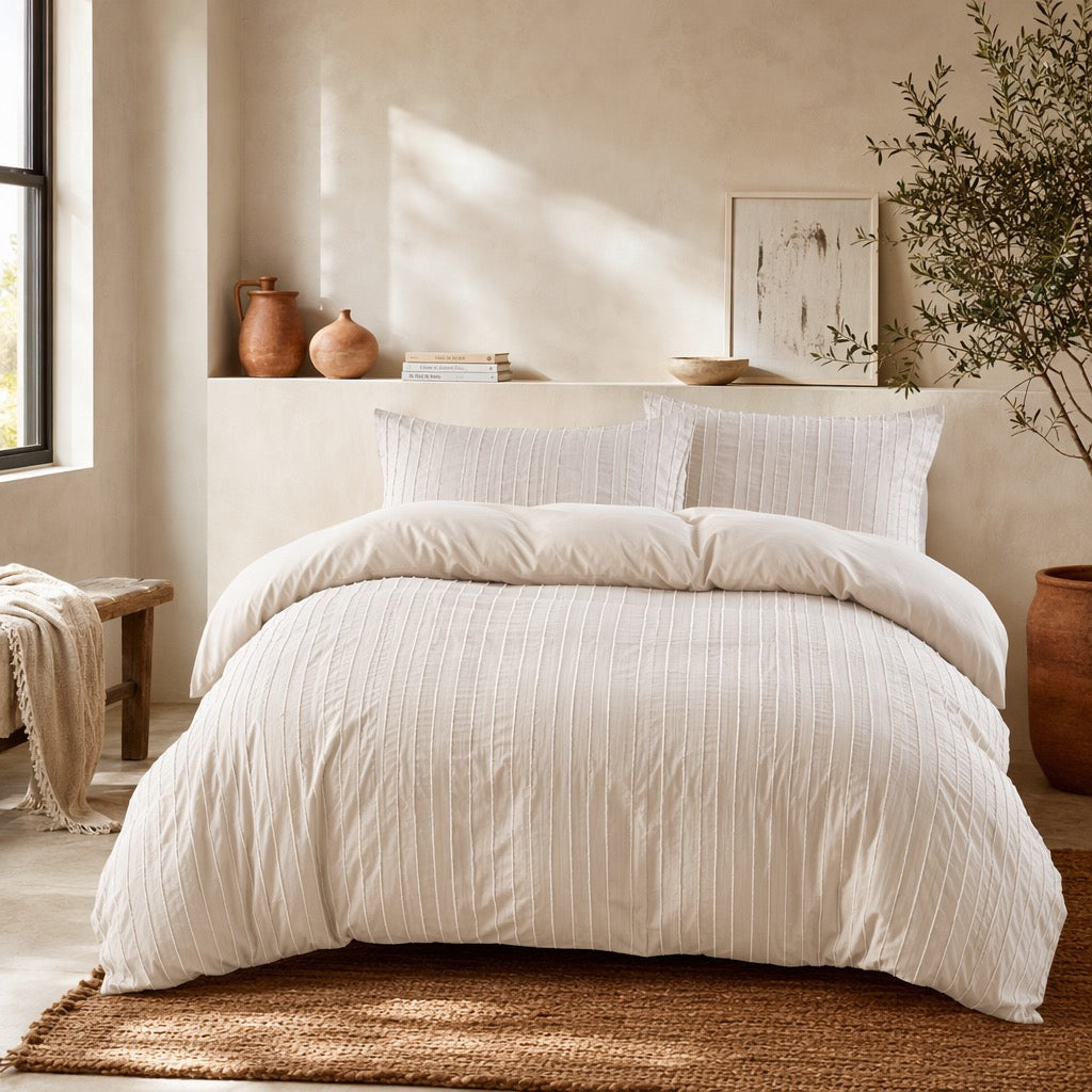 NEW West Elm Beige Boho Queen Size Tufted Simple Solid Bedding Duvet & Sham Set