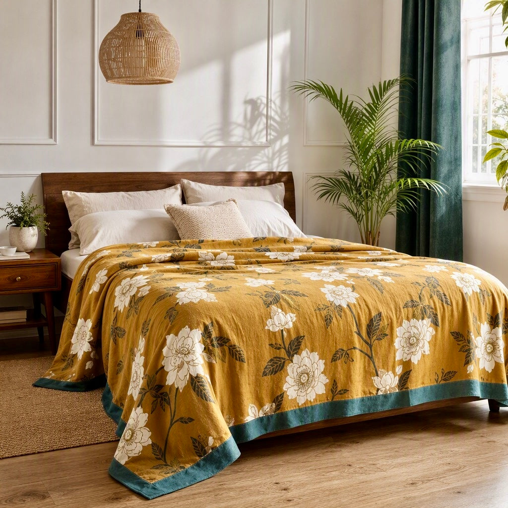 NEW Anthropologie Boho Orange Teal Floral Queen Blanket Bedspread Quilt 80 x 60